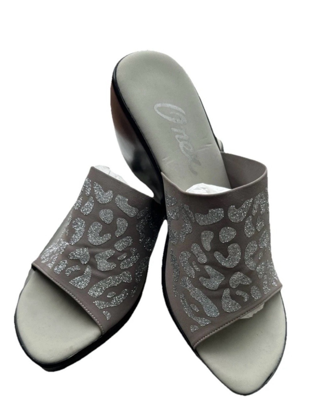 Onex Taupe Slide Mules with Silver Glitter Leopard Accents, Onex 10 like US 8.5